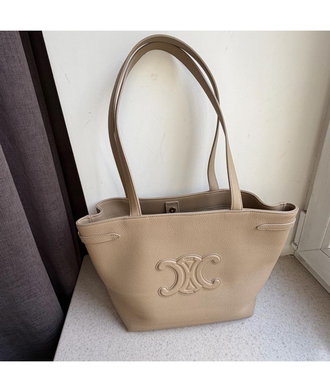 CELINE Бежевая кожаная сумка с короткими ручками, фото 9