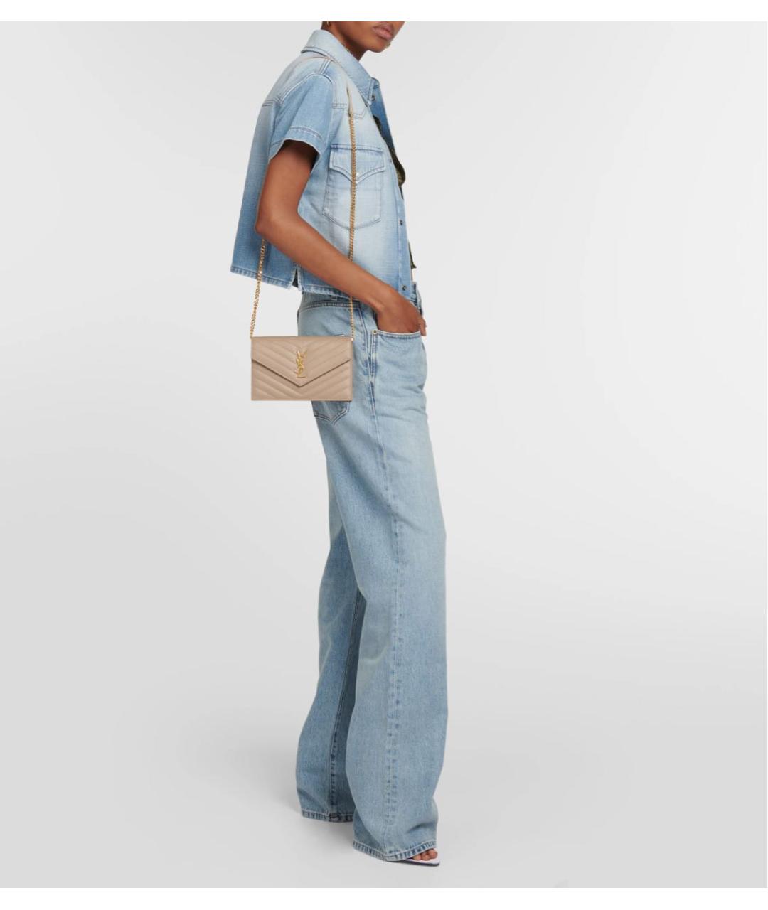 SAINT LAURENT Бежевая кожаная сумка через плечо, фото 7