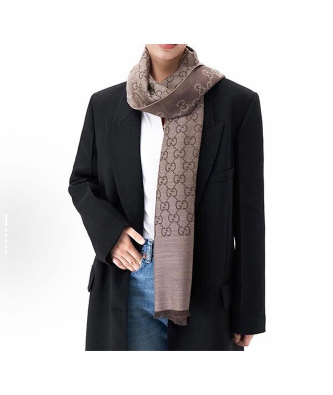 GUCCI Коричневый шерстяной шарф, фото 4
