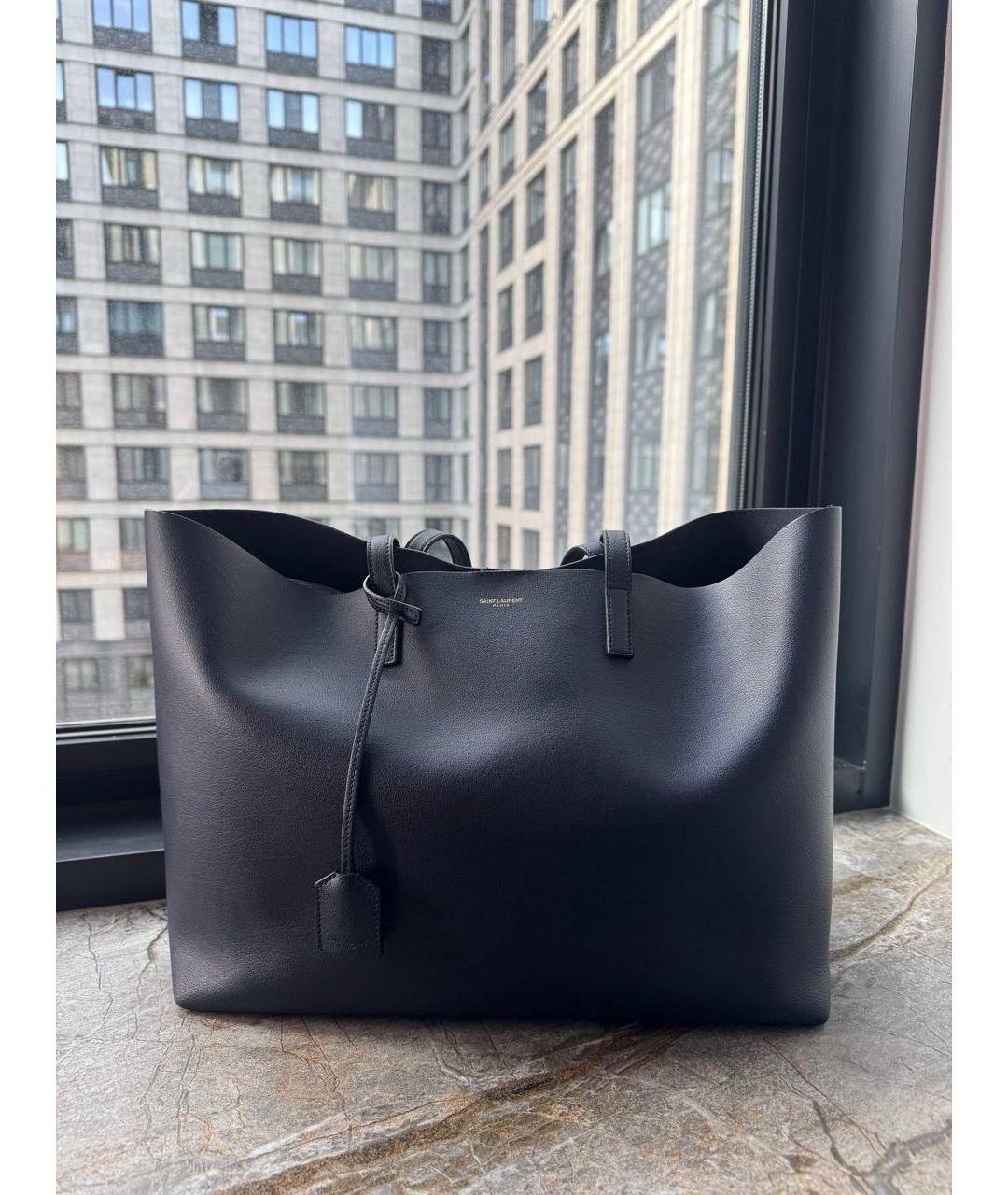 SAINT LAURENT Темно-синяя кожаная сумка тоут, фото 7