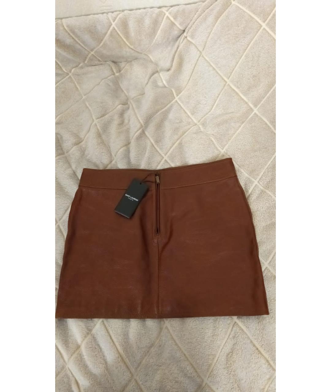 SAINT LAURENT Коричневая кожаная юбка мини, фото 3