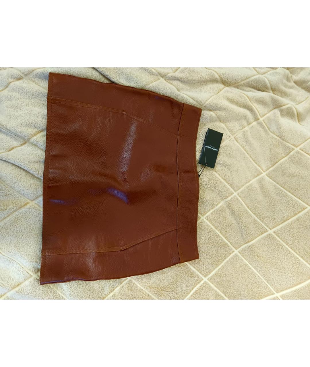 SAINT LAURENT Коричневая кожаная юбка мини, фото 4