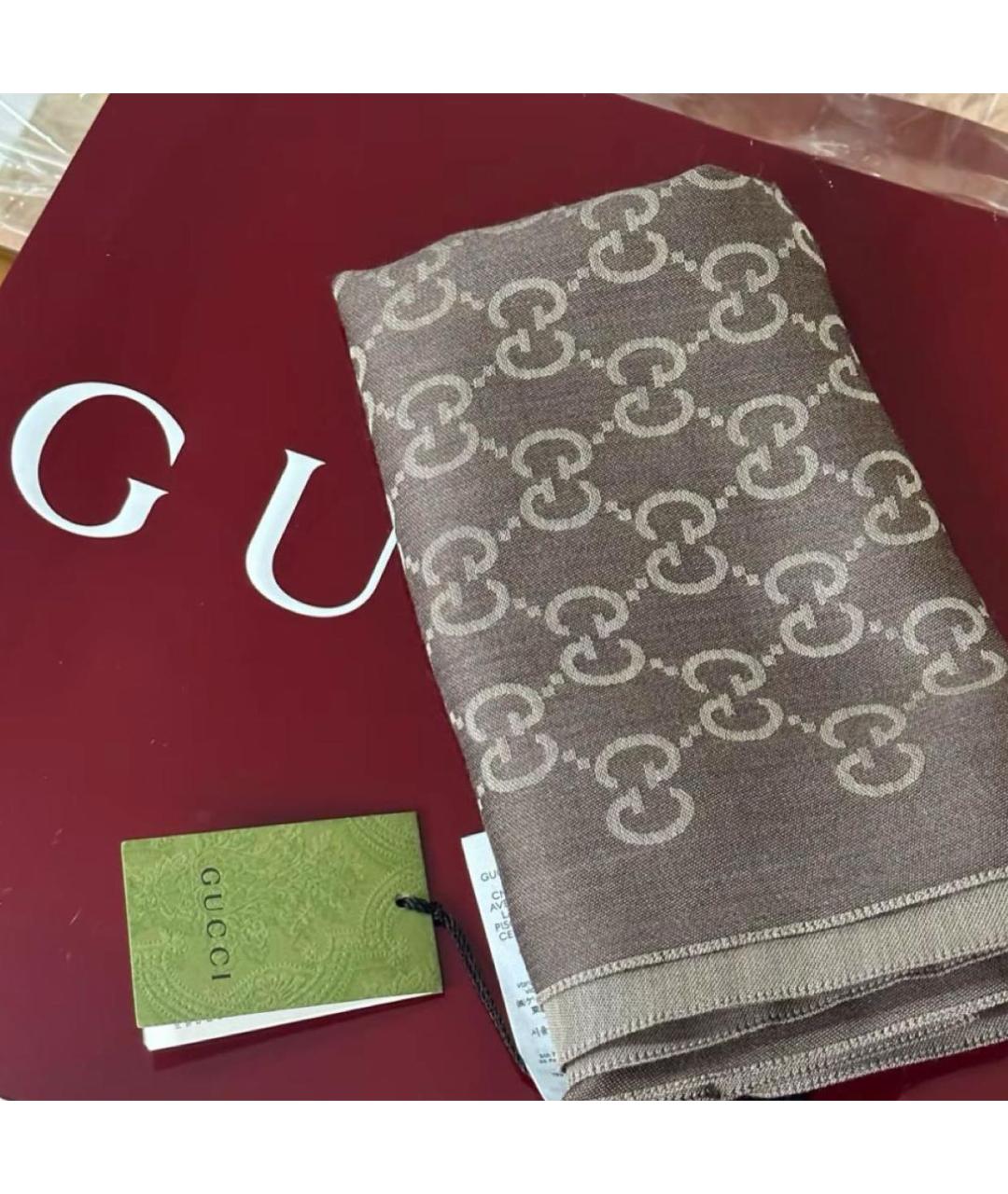 GUCCI Коричневый шерстяной платок, фото 2