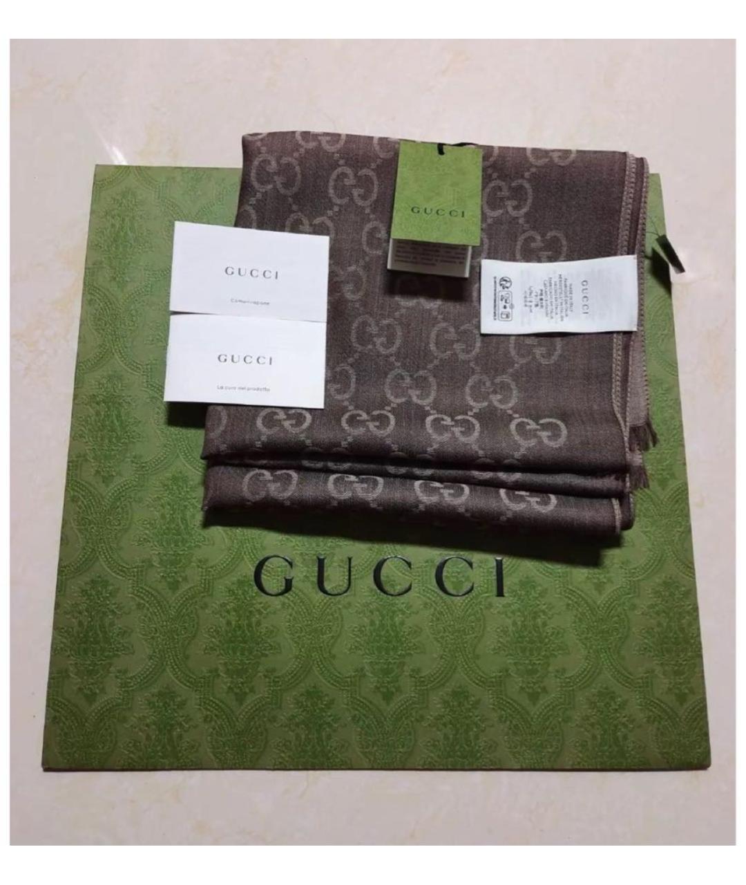 GUCCI Коричневый шерстяной платок, фото 3