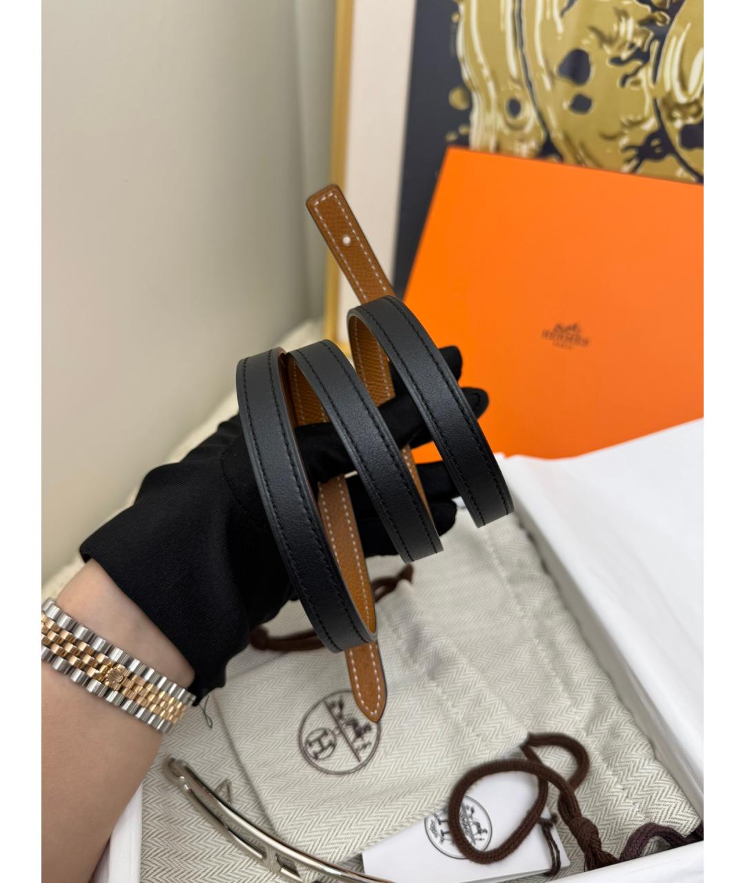 HERMES Черный кожаный ремень, фото 2