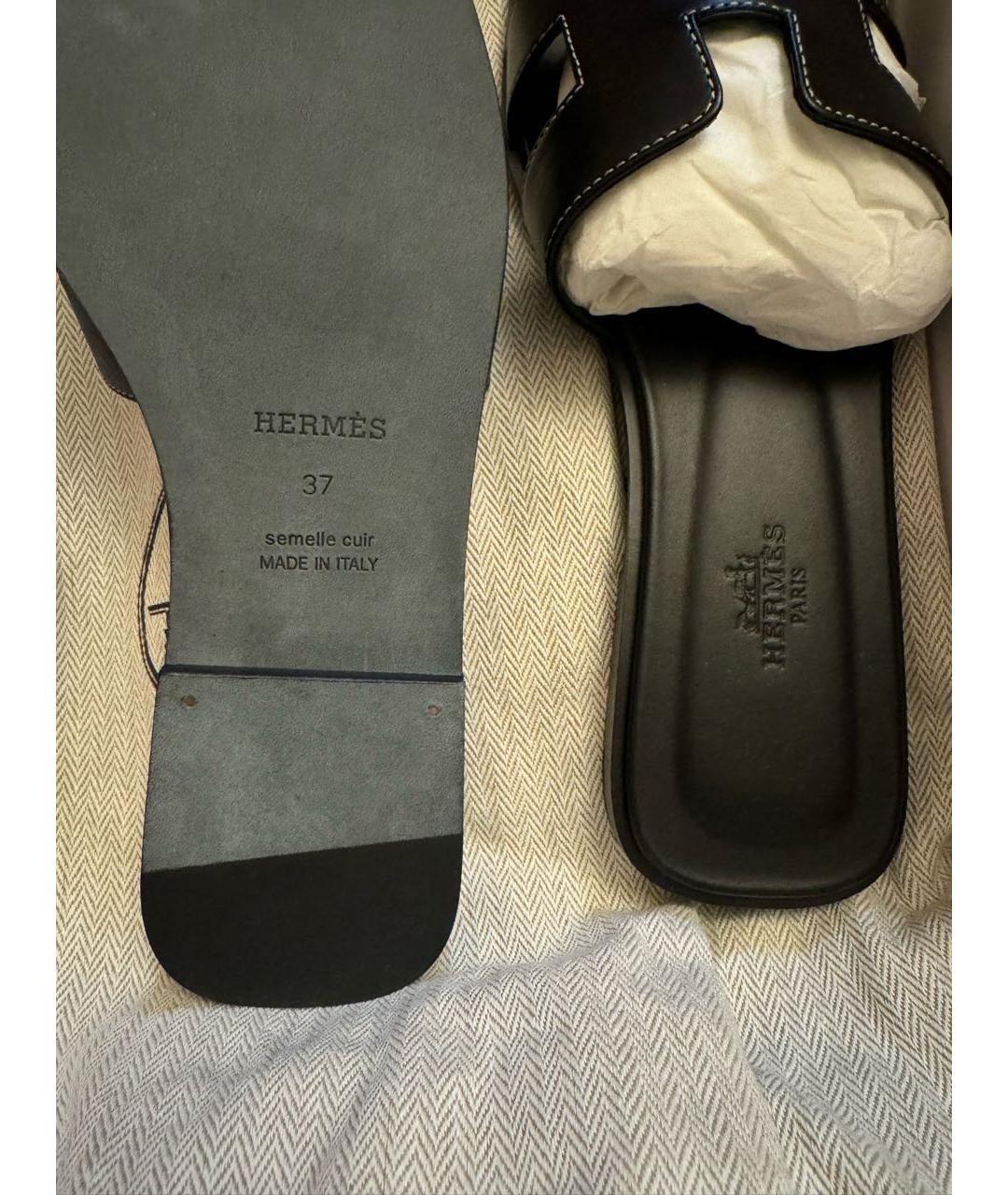 HERMES Черные кожаные шлепанцы, фото 4