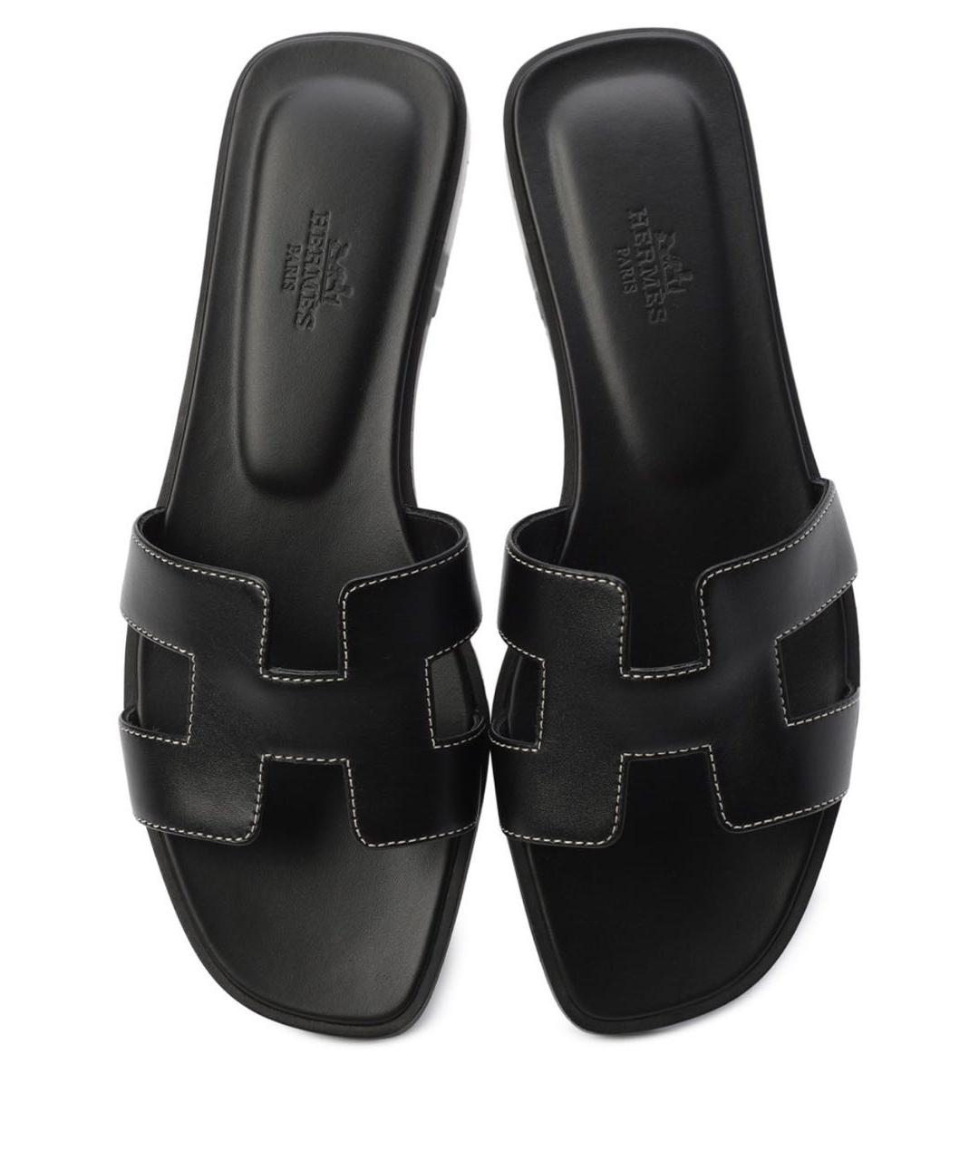 HERMES Черные кожаные шлепанцы, фото 6