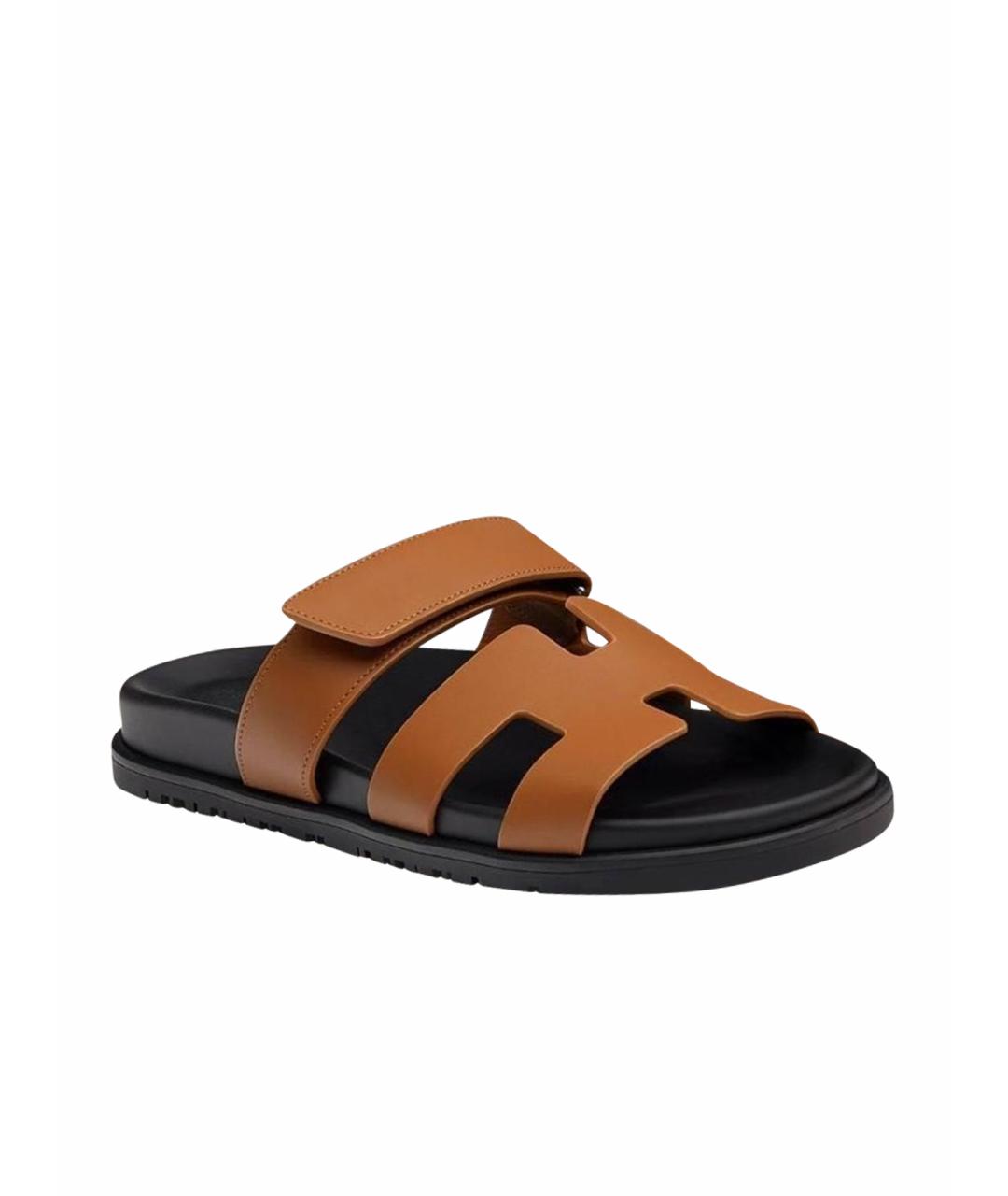 HERMES Коричневые кожаные шлепанцы, фото 1