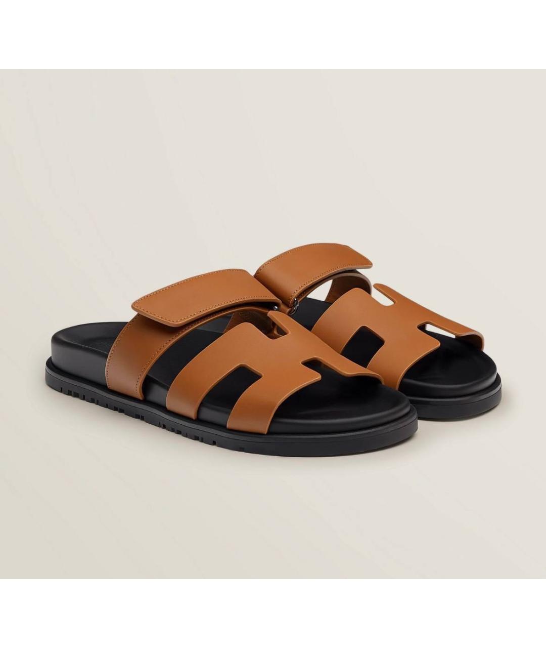 HERMES Коричневые кожаные шлепанцы, фото 4