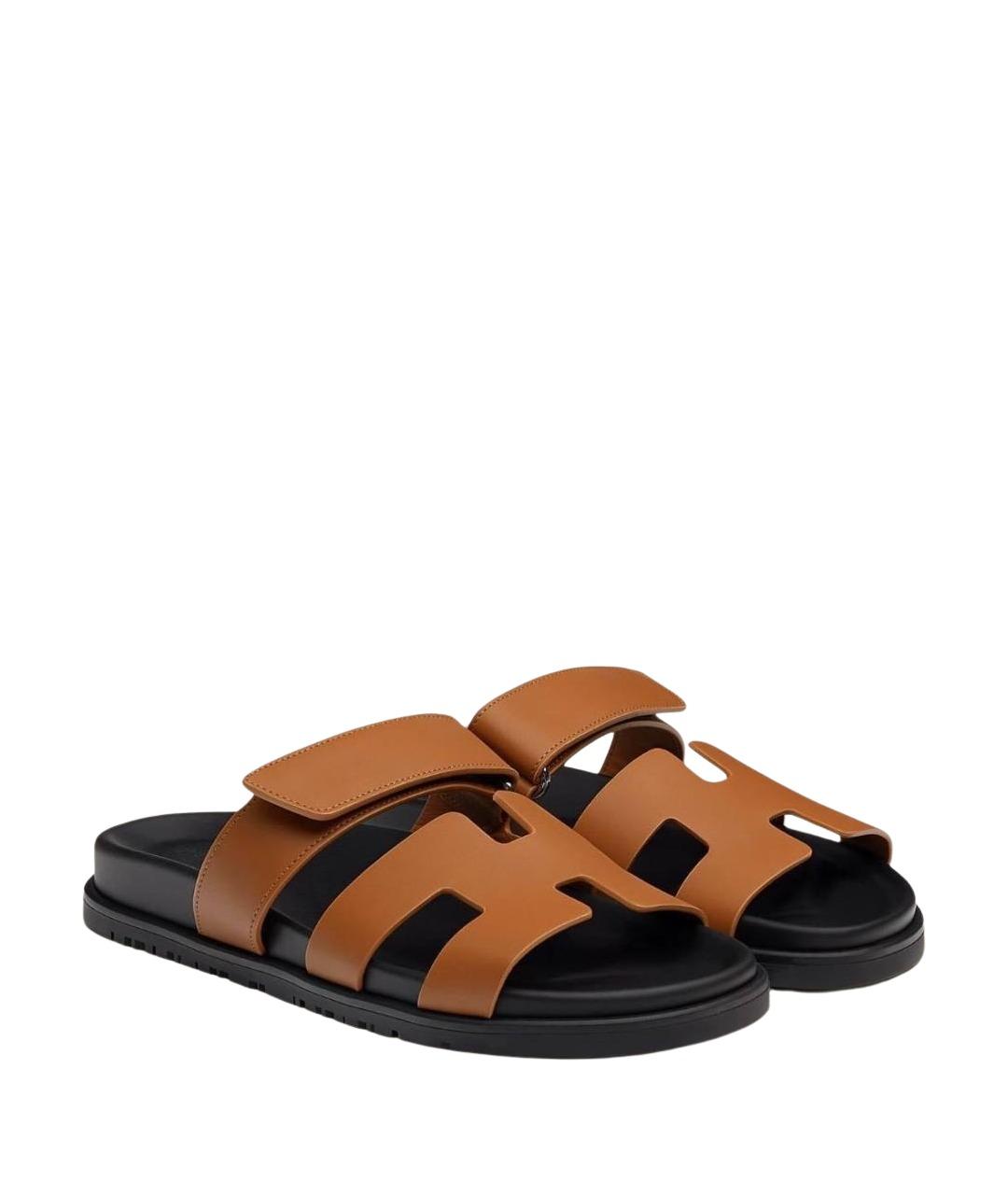 HERMES Коричневые кожаные шлепанцы, фото 5