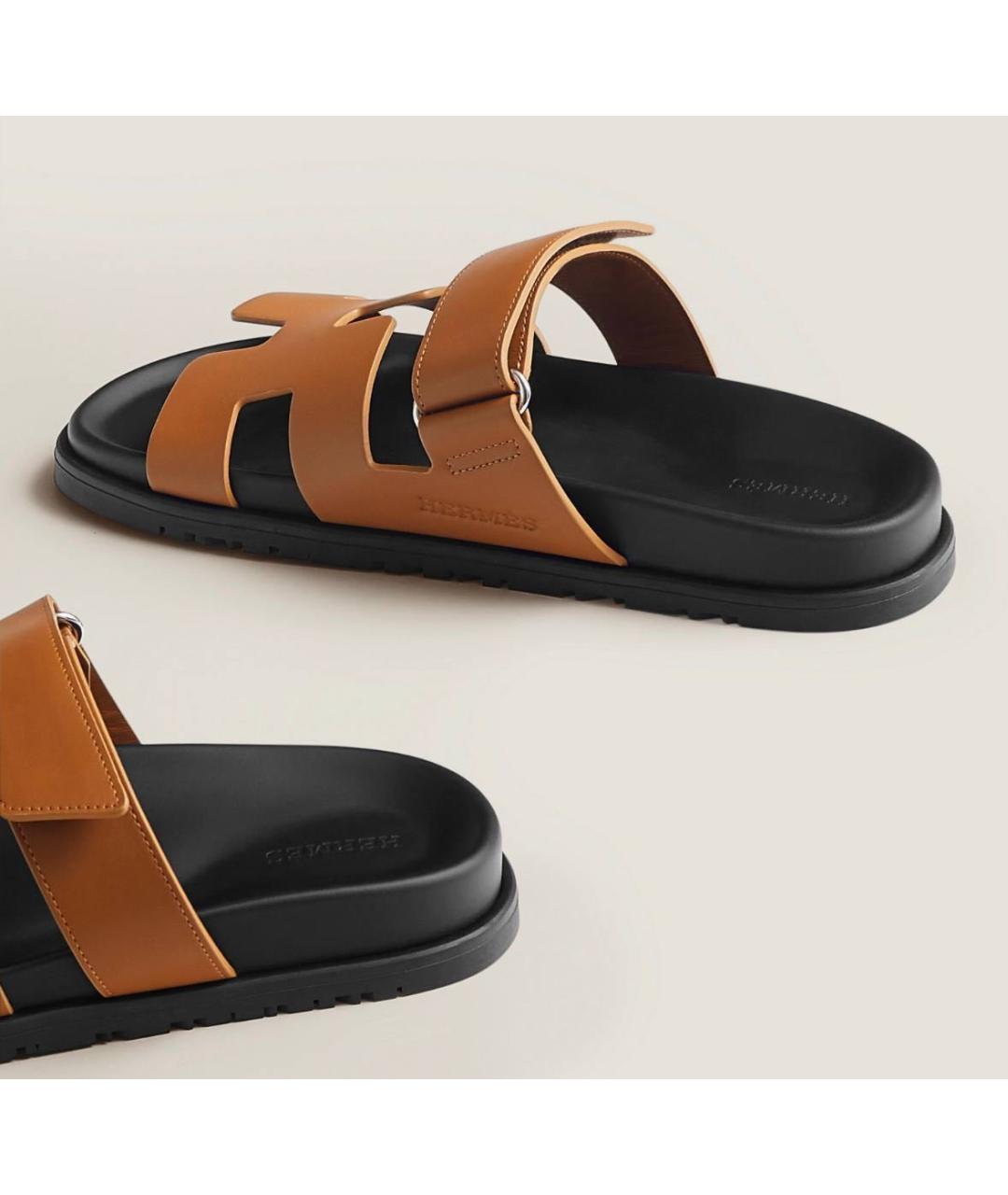 HERMES Коричневые кожаные шлепанцы, фото 3