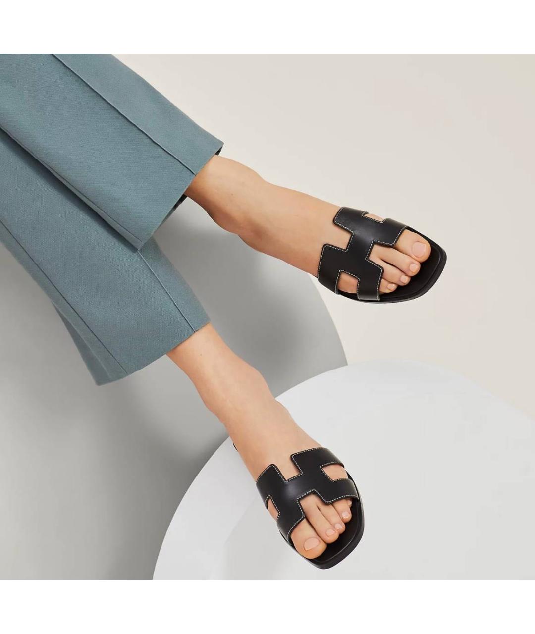 HERMES Черные кожаные шлепанцы, фото 3