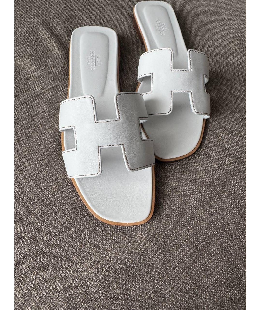 HERMES Белые кожаные шлепанцы, фото 2