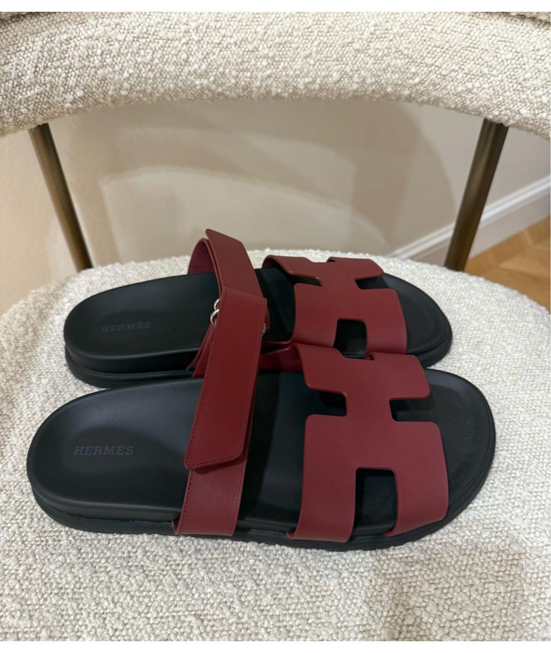 HERMES Бордовые кожаные шлепанцы, фото 5