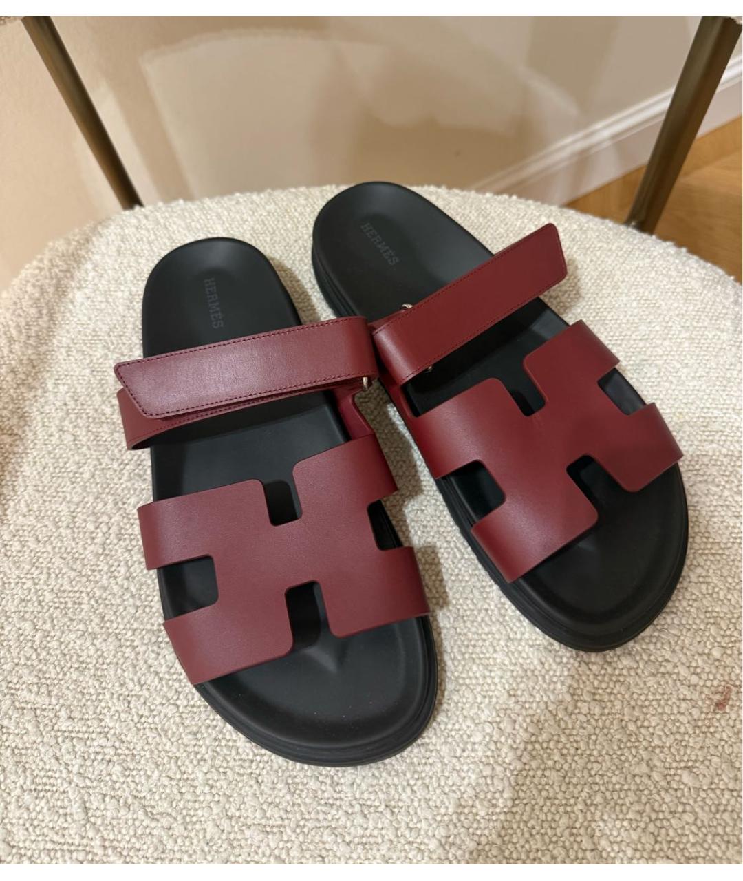 HERMES Бордовые кожаные шлепанцы, фото 2