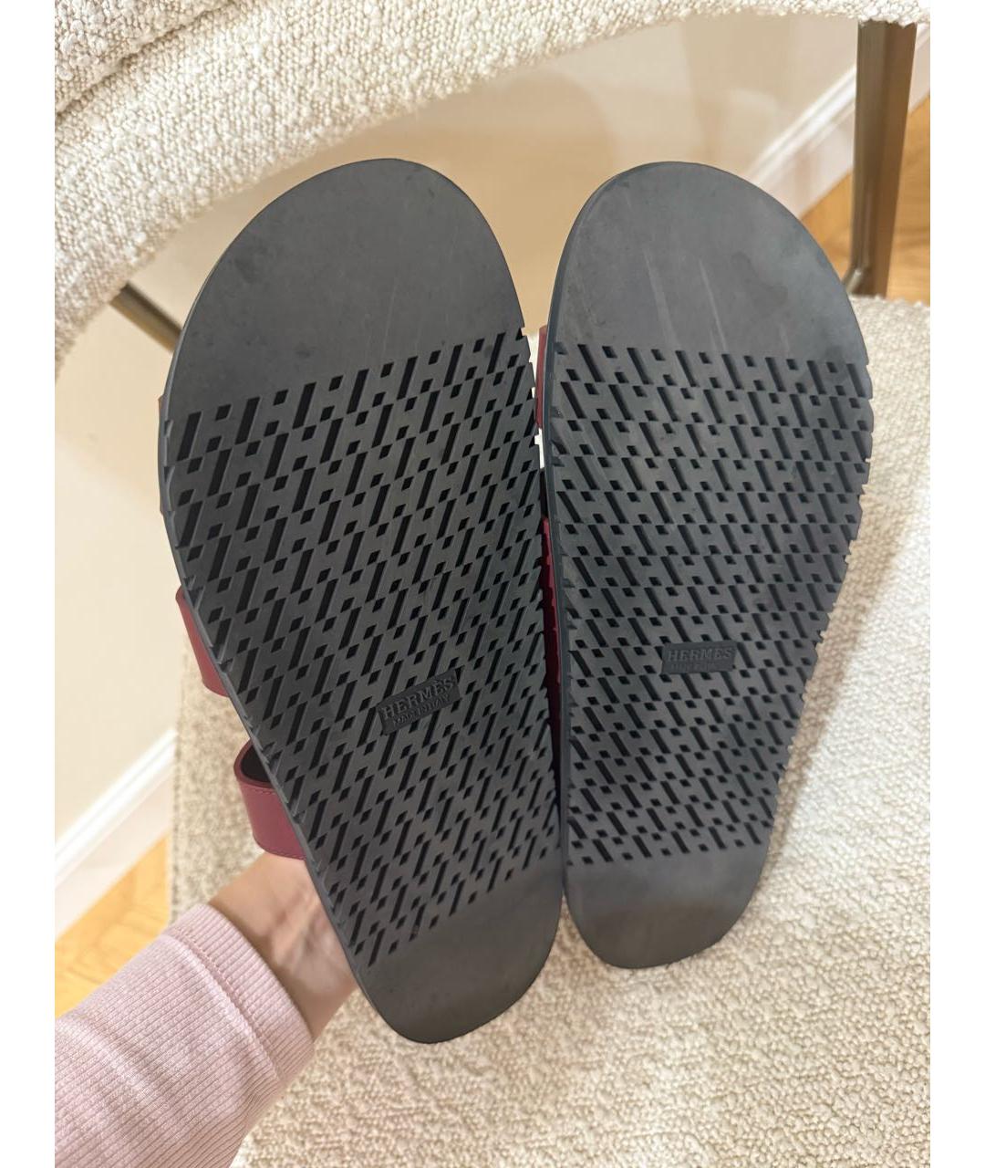 HERMES Бордовые кожаные шлепанцы, фото 3