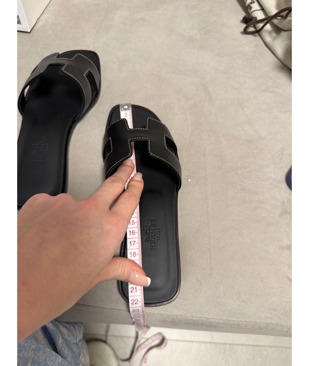 HERMES Черные кожаные шлепанцы, фото 5