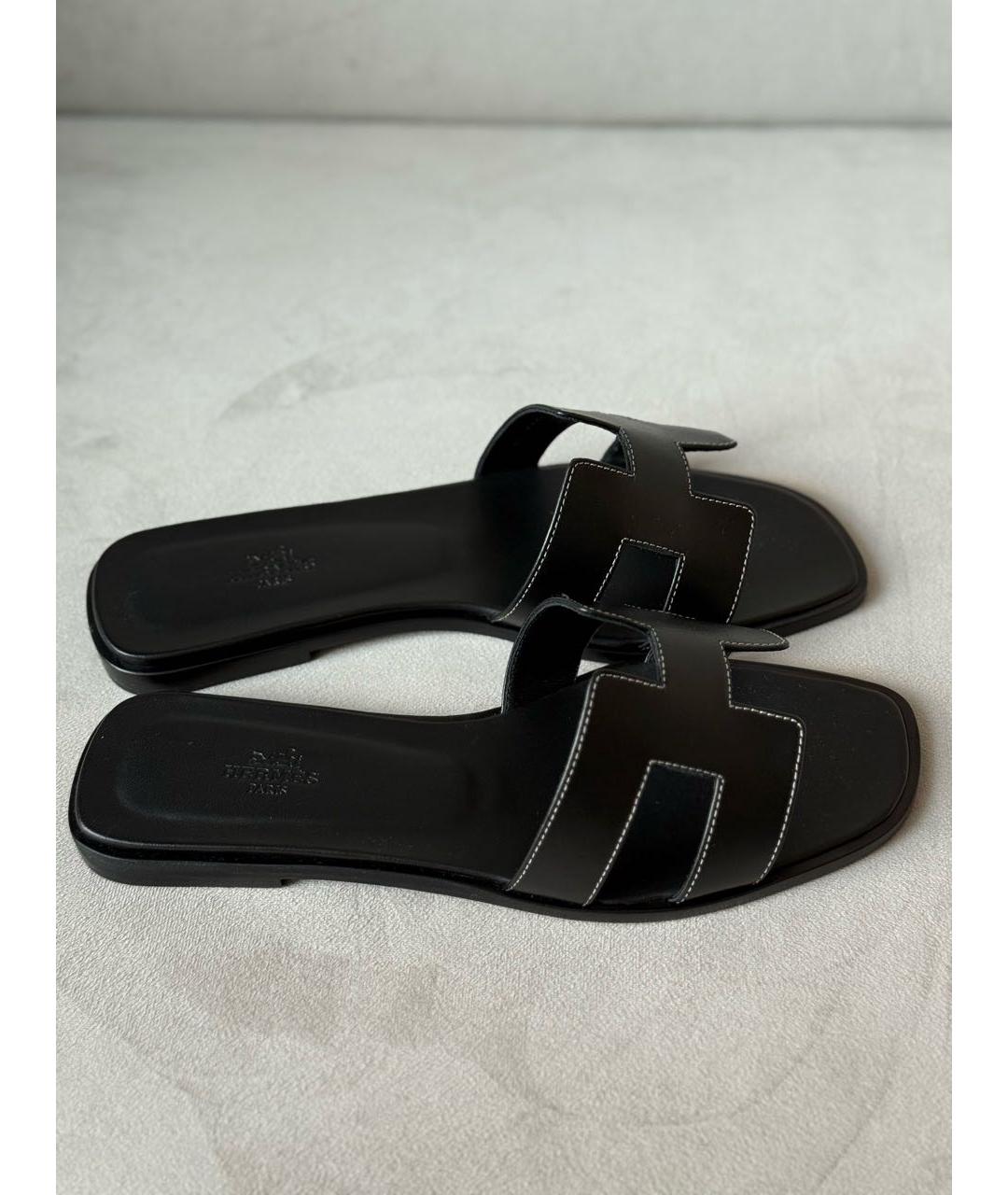 HERMES Черные кожаные шлепанцы, фото 6
