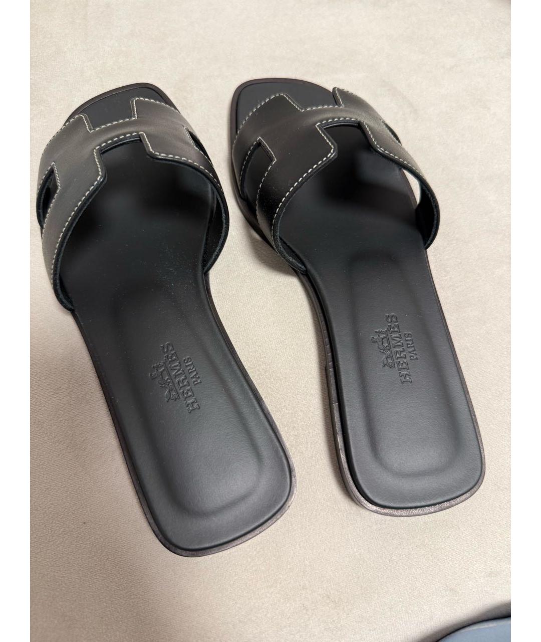 HERMES Черные кожаные шлепанцы, фото 4
