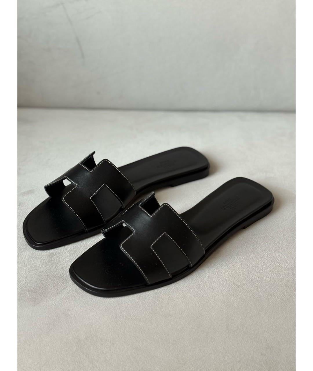 HERMES Черные кожаные шлепанцы, фото 8