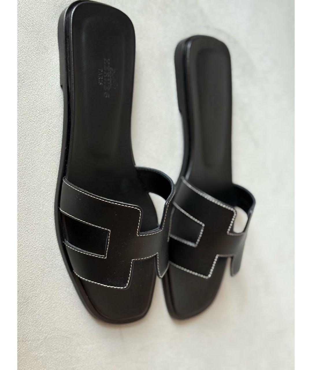 HERMES Черные кожаные шлепанцы, фото 7