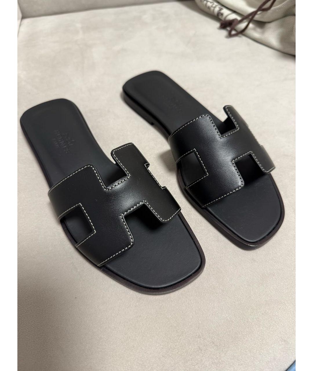 HERMES Черные кожаные шлепанцы, фото 3