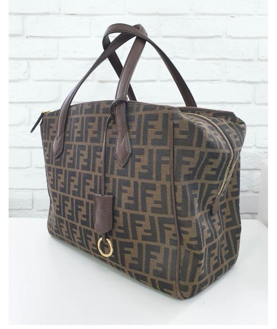FENDI Коричневая тканевая сумка с короткими ручками, фото 5