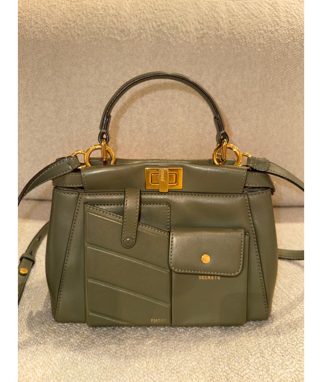 FENDI Хаки кожаная сумка через плечо, фото 4