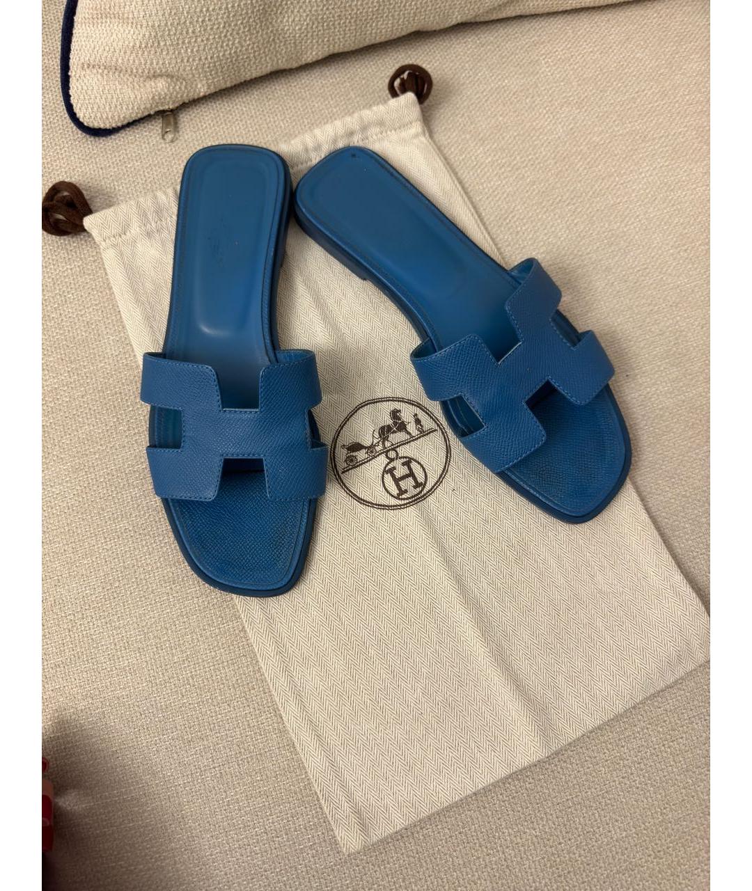 HERMES Синие кожаные шлепанцы, фото 4