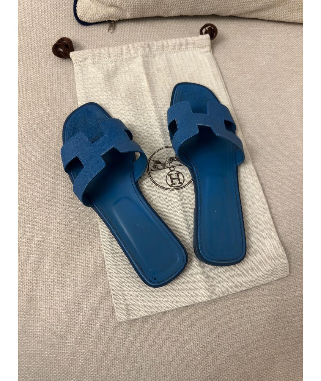 HERMES Синие кожаные шлепанцы, фото 2