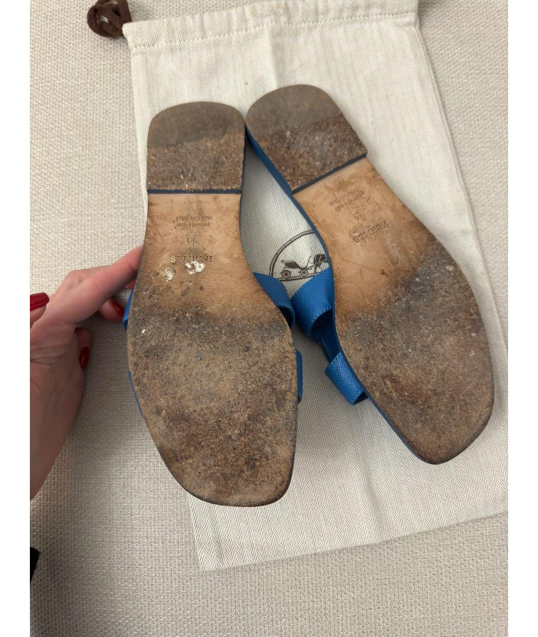 HERMES Синие кожаные шлепанцы, фото 5