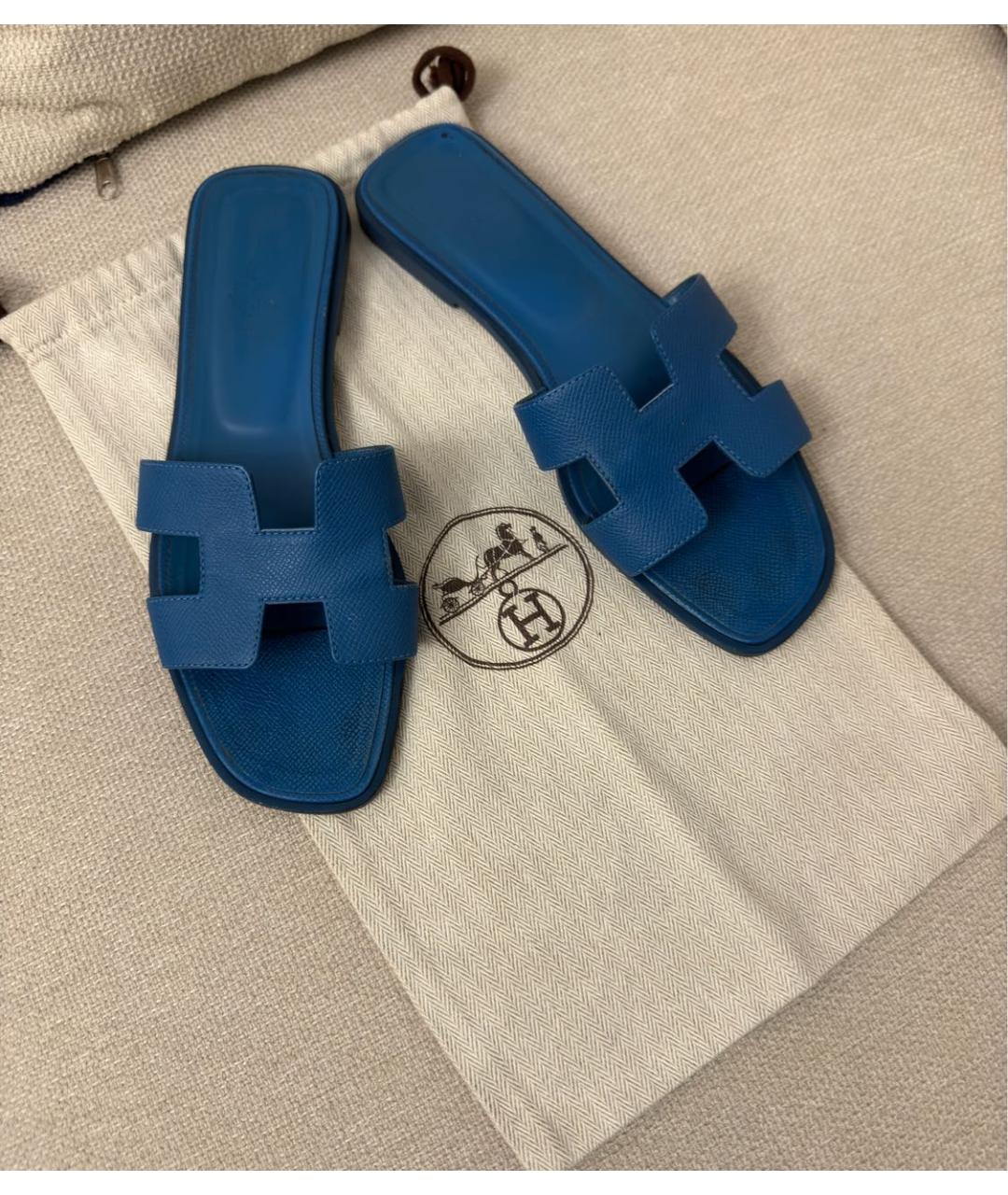 HERMES Синие кожаные шлепанцы, фото 6