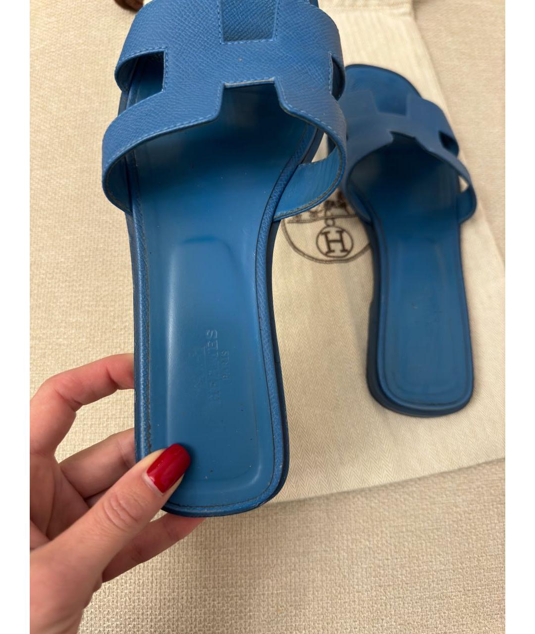 HERMES Синие кожаные шлепанцы, фото 3