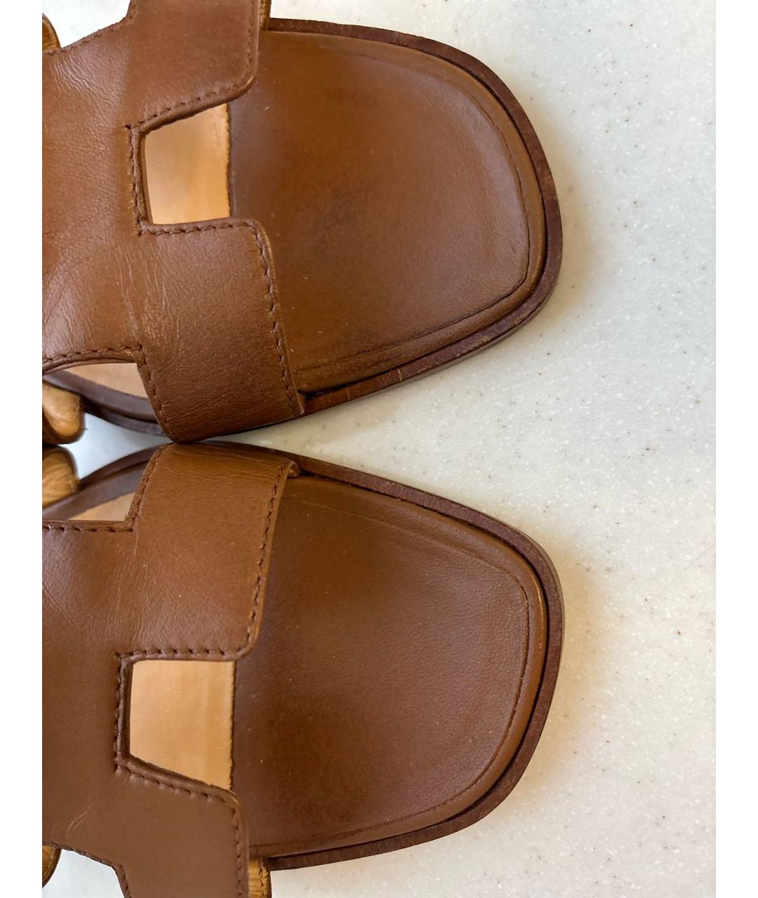 HERMES Коричневые кожаные шлепанцы, фото 7
