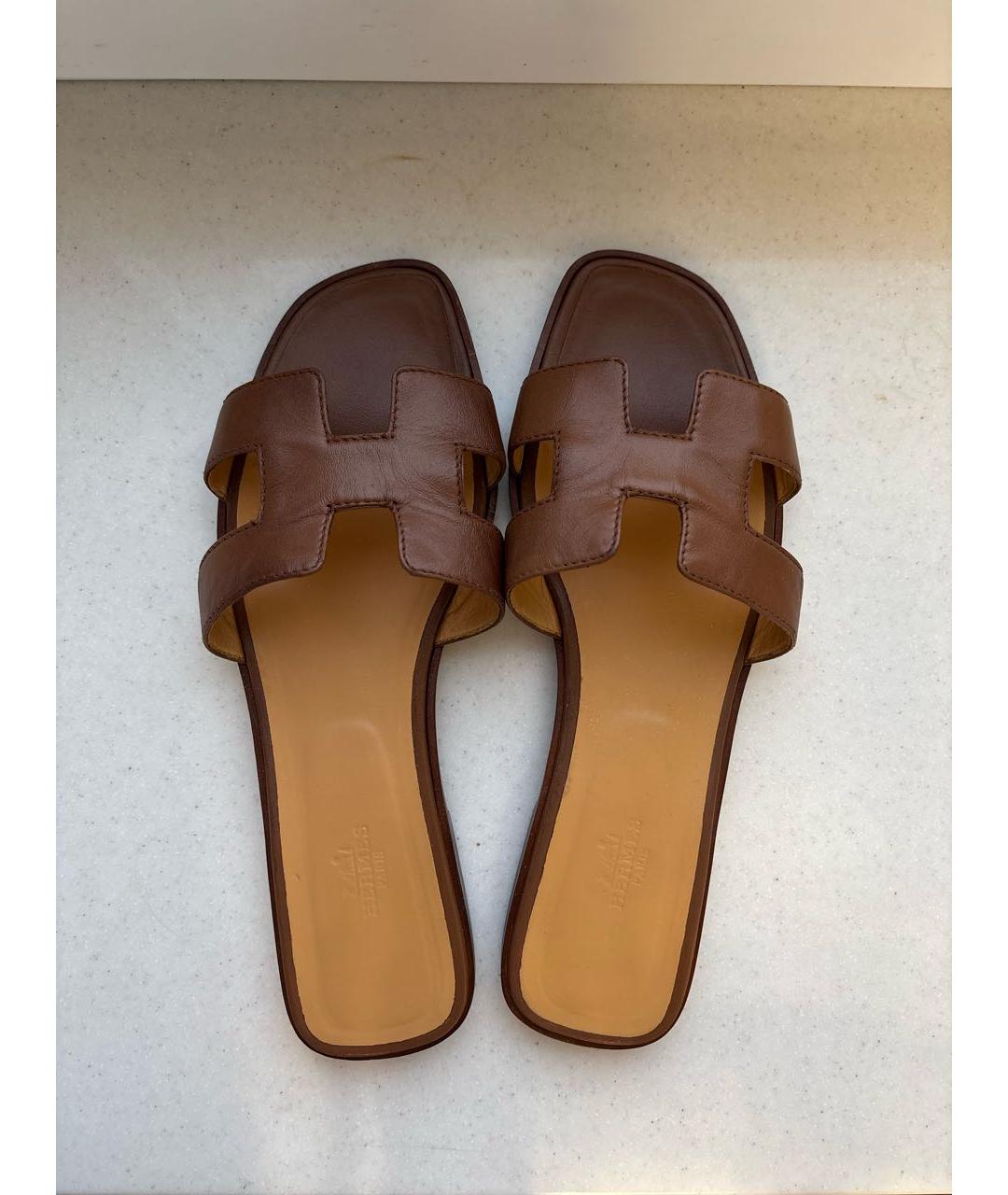 HERMES Коричневые кожаные шлепанцы, фото 3