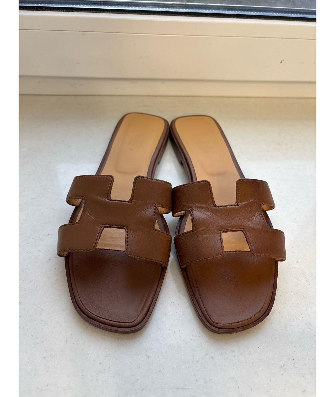 HERMES Коричневые кожаные шлепанцы, фото 2