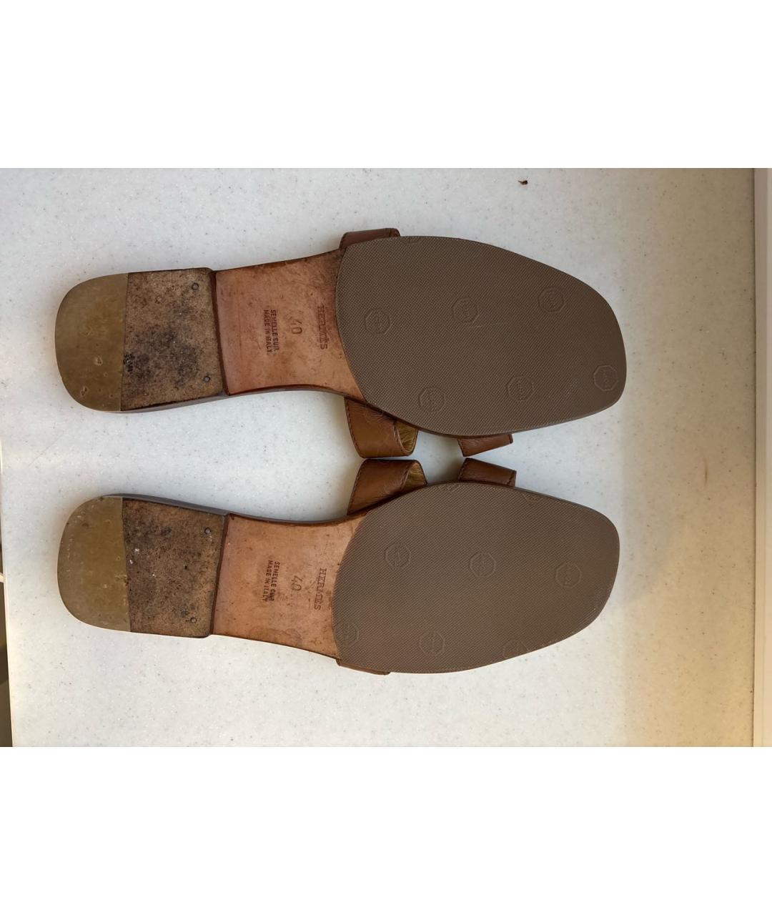 HERMES Коричневые кожаные шлепанцы, фото 6