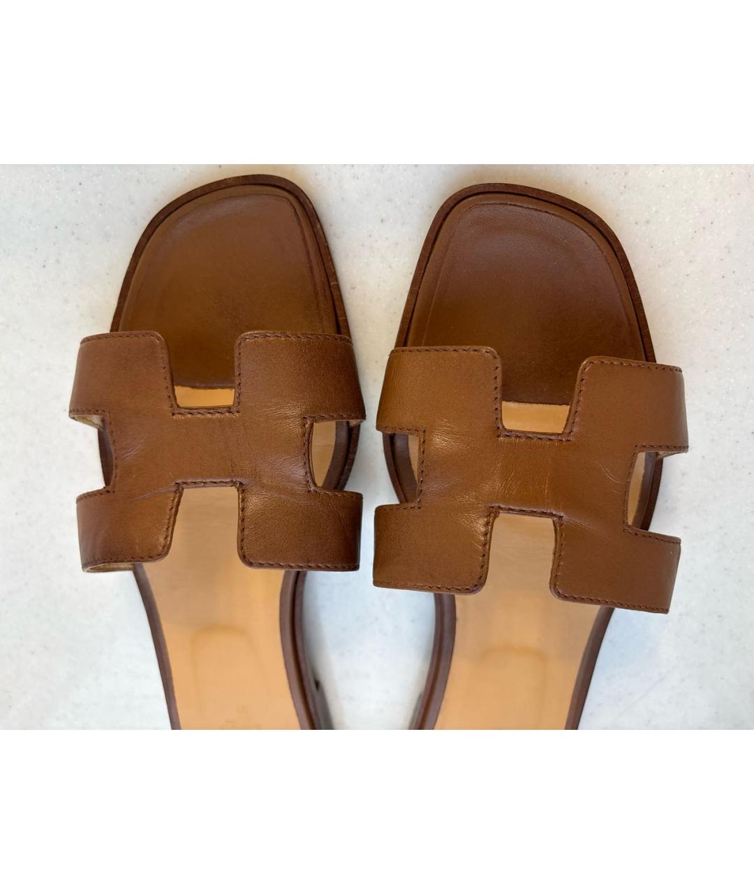 HERMES Коричневые кожаные шлепанцы, фото 8