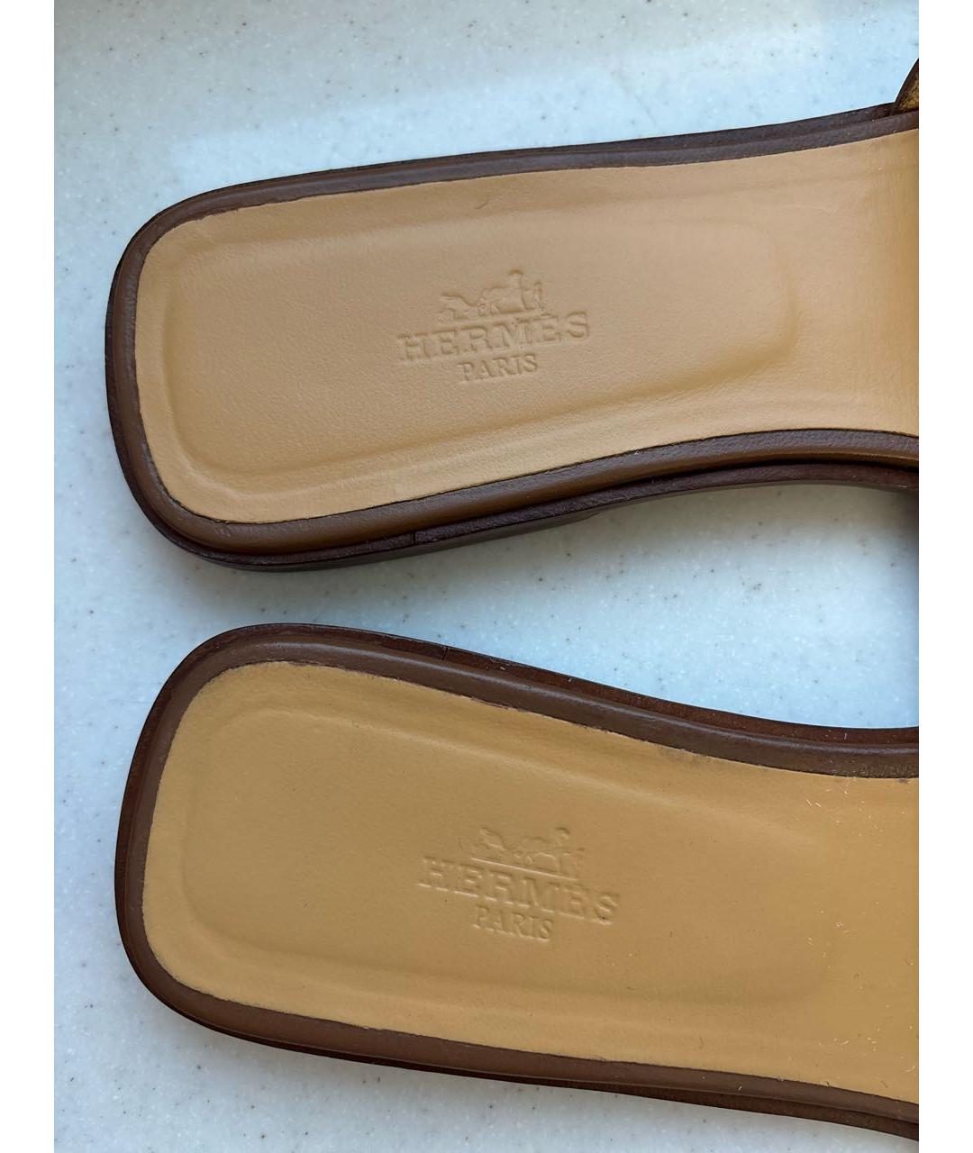 HERMES Коричневые кожаные шлепанцы, фото 5