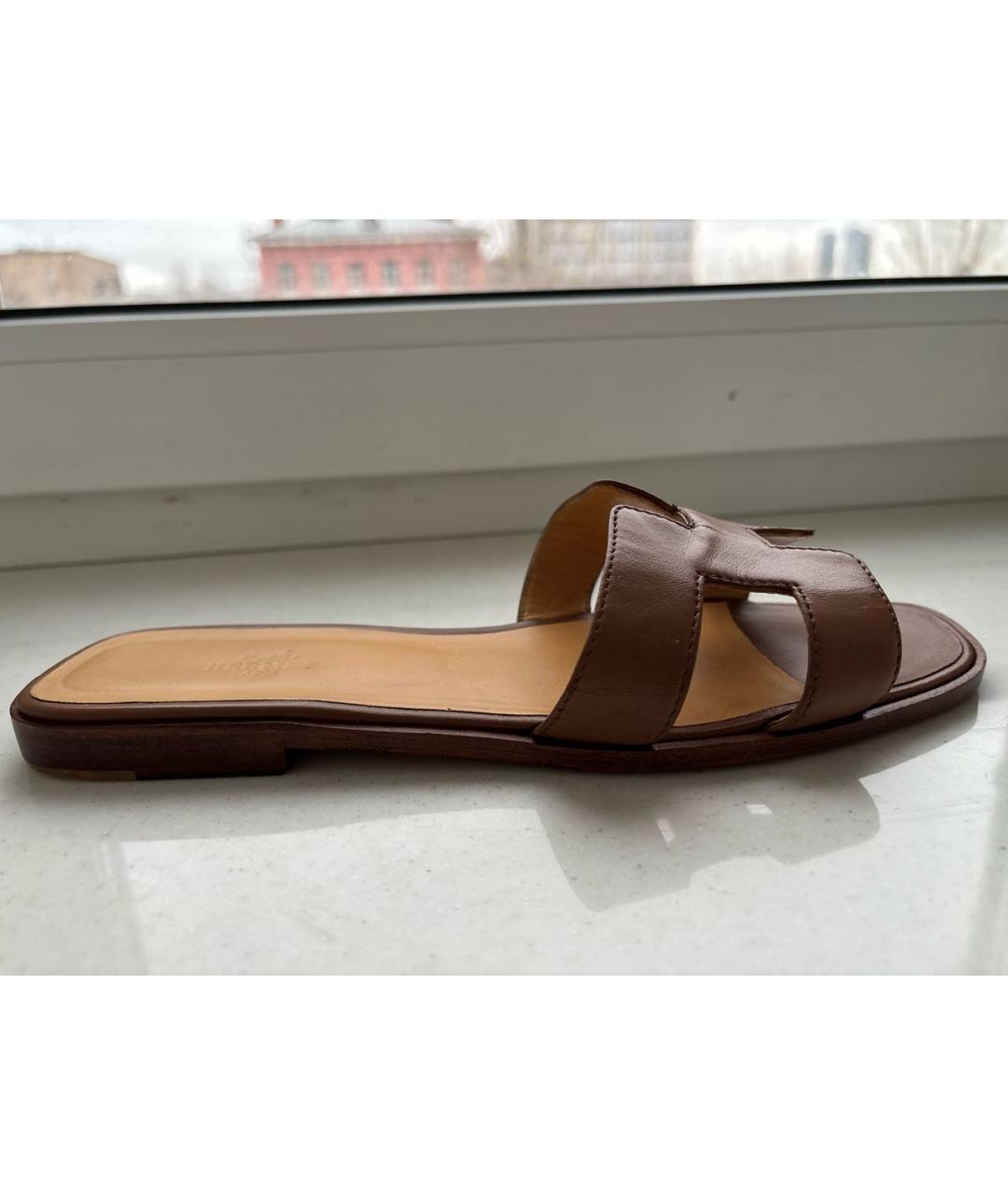 HERMES Коричневые кожаные шлепанцы, фото 9