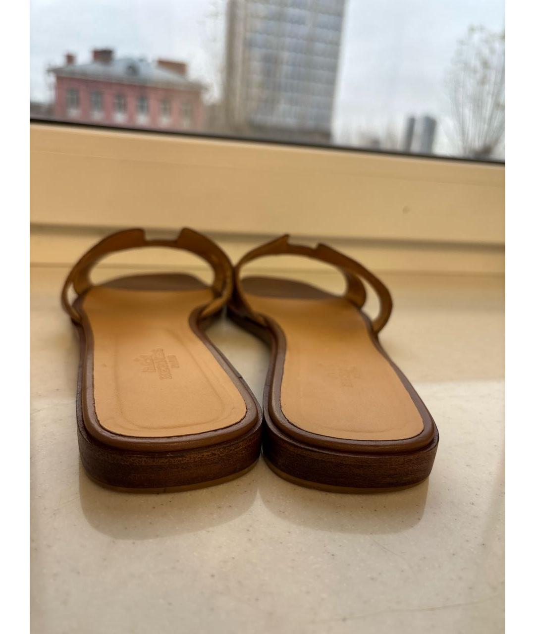 HERMES Коричневые кожаные шлепанцы, фото 4