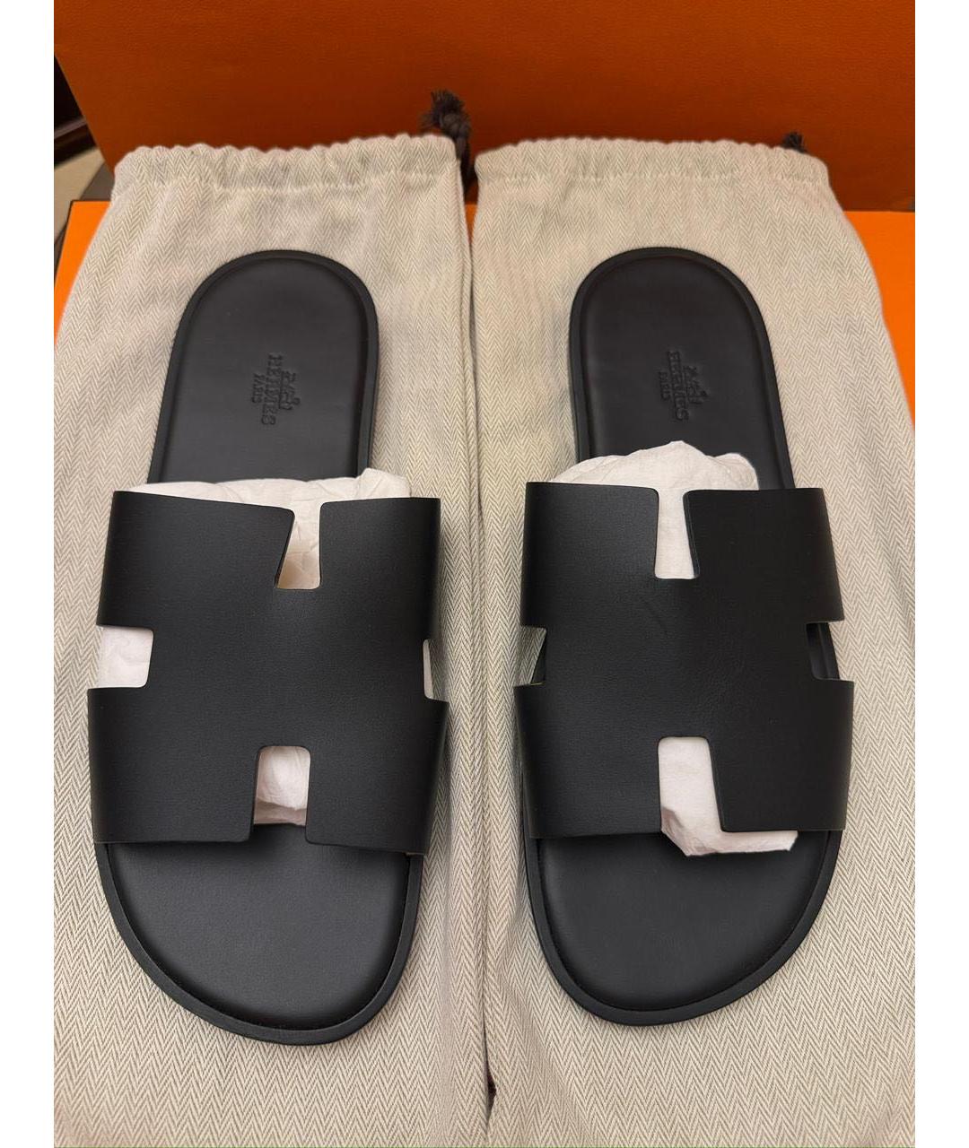 HERMES Черные кожаные шлепанцы, фото 7