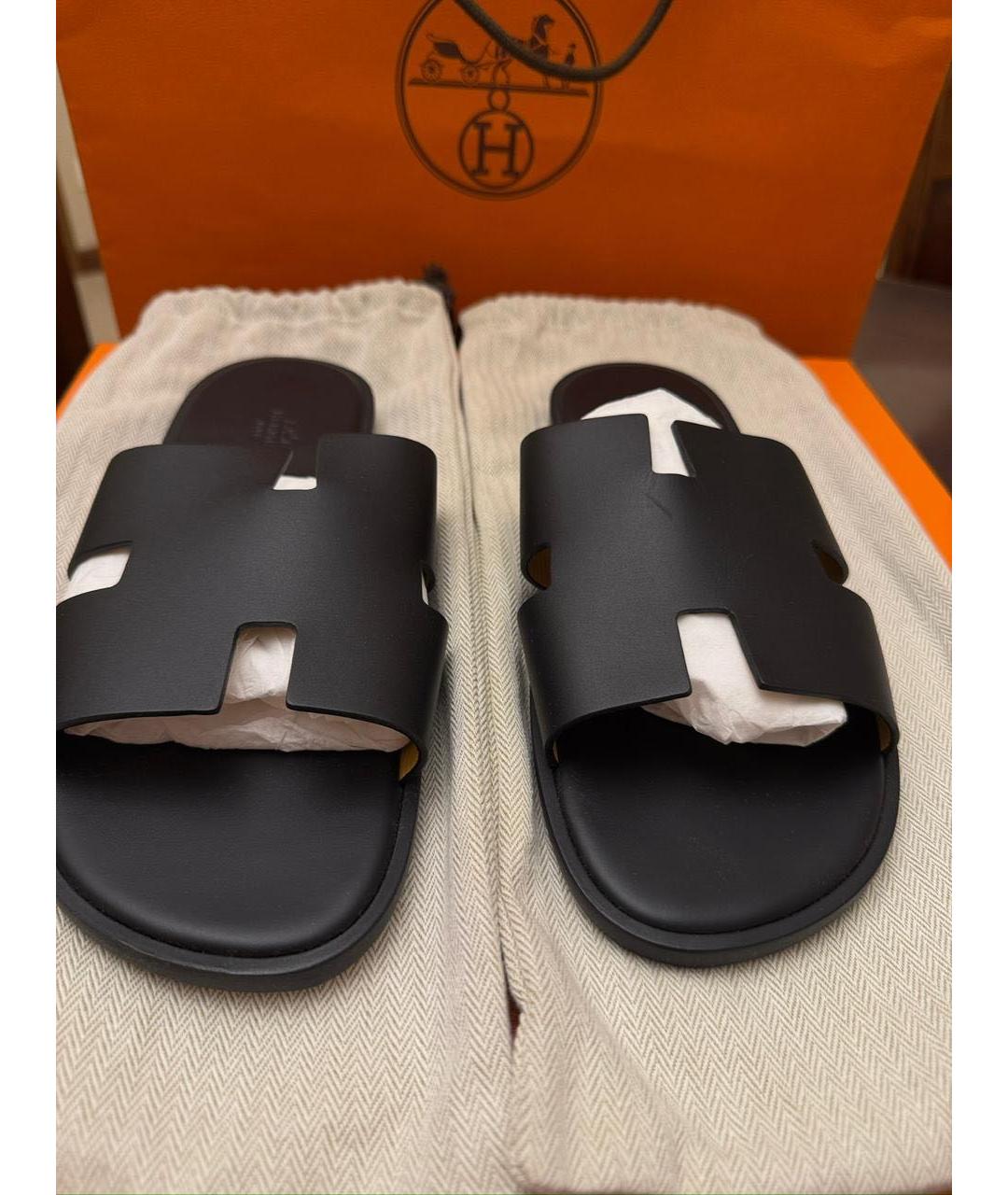 HERMES Черные кожаные шлепанцы, фото 2