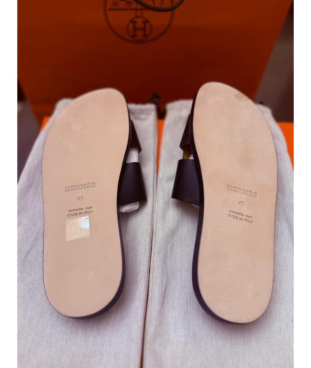 HERMES Черные кожаные шлепанцы, фото 6