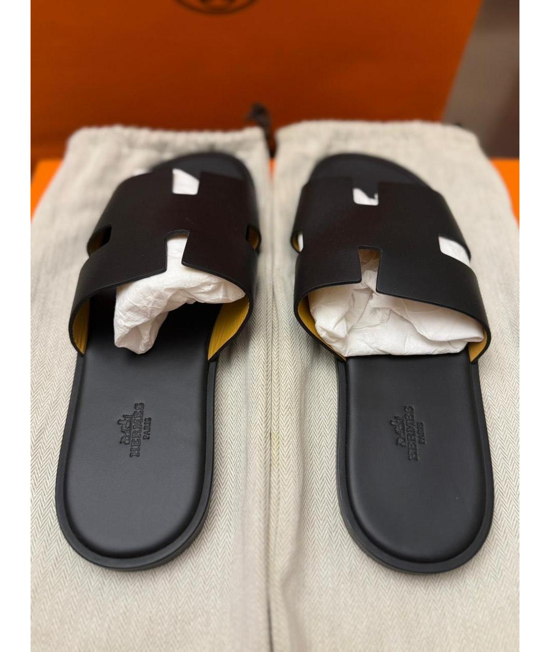 HERMES Черные кожаные шлепанцы, фото 8