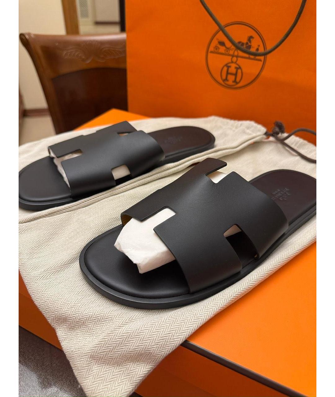 HERMES Черные кожаные шлепанцы, фото 5