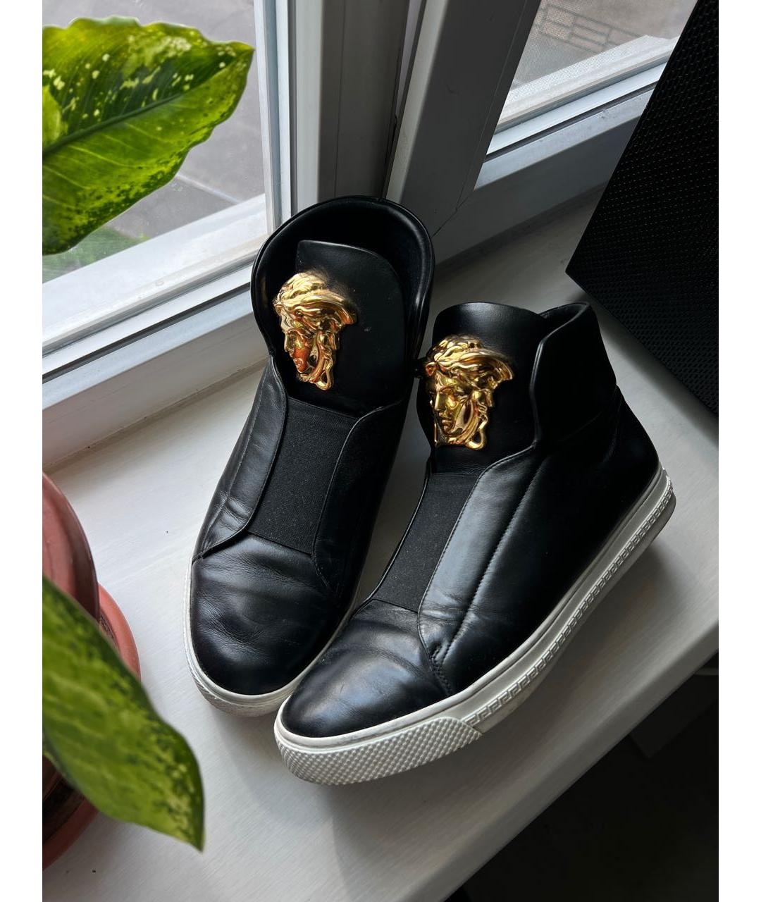 VERSACE COLLECTION Черные кожаные высокие кроссовки / кеды, фото 5