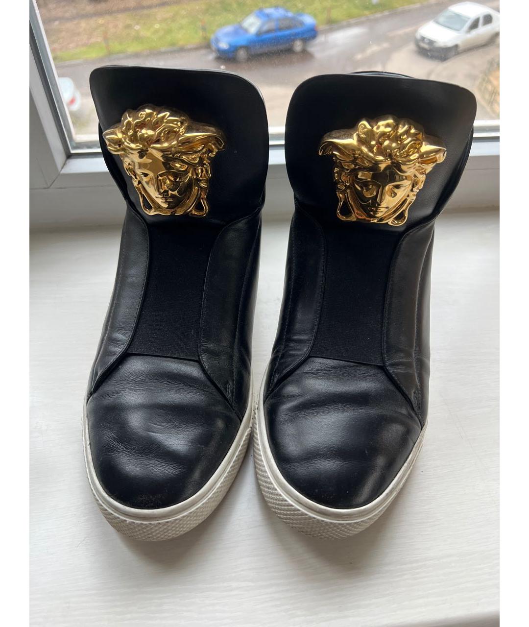 VERSACE COLLECTION Черные кожаные высокие кроссовки / кеды, фото 2