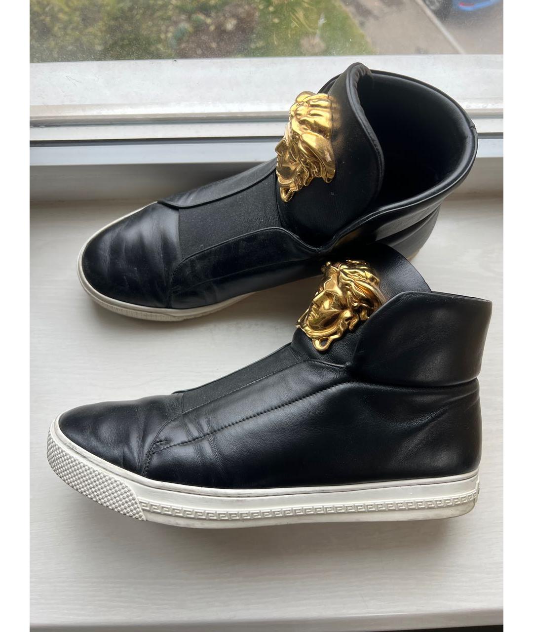 VERSACE COLLECTION Черные кожаные высокие кроссовки / кеды, фото 7