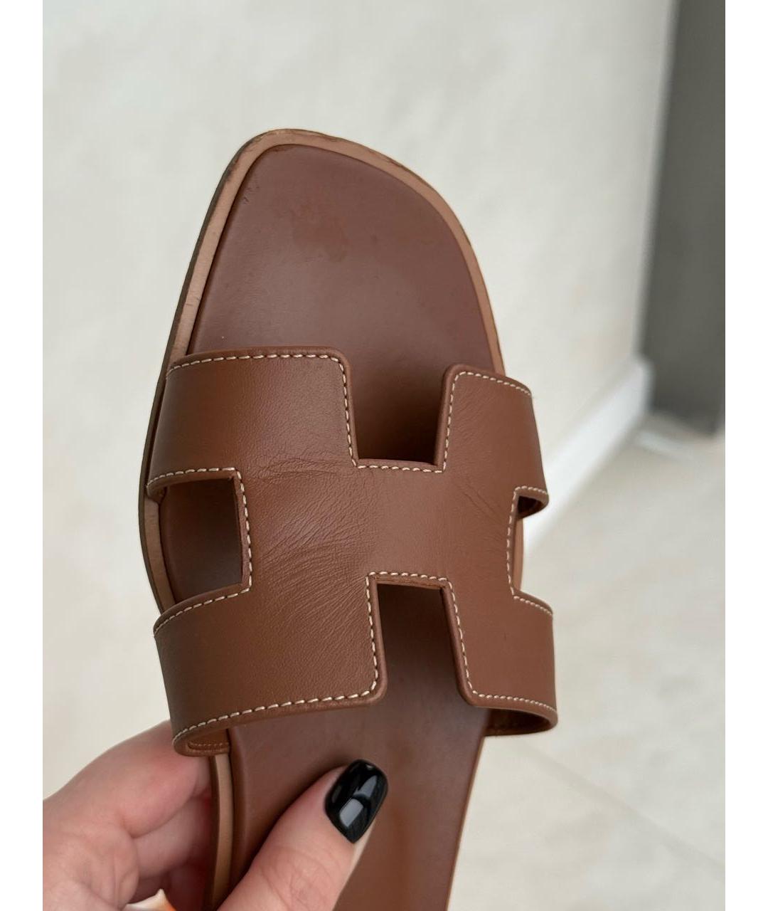 HERMES Коричневые кожаные шлепанцы, фото 6